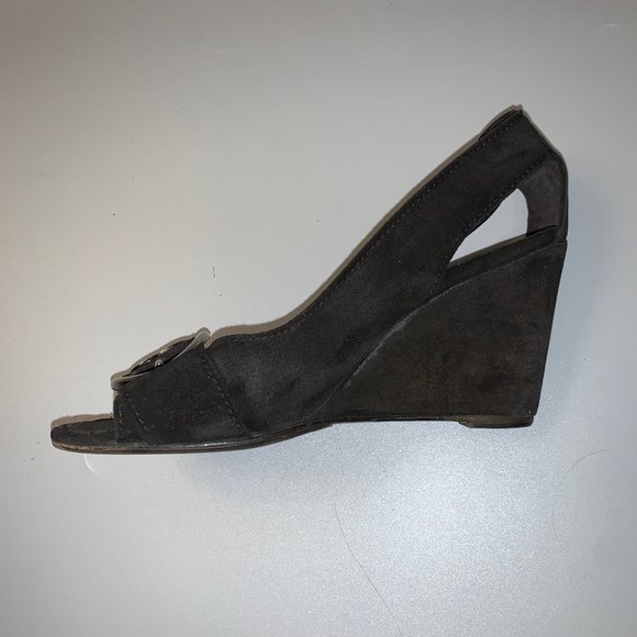 Chanel Black Suede Peep-Toe Wedge Heels - Picture 10 of 13